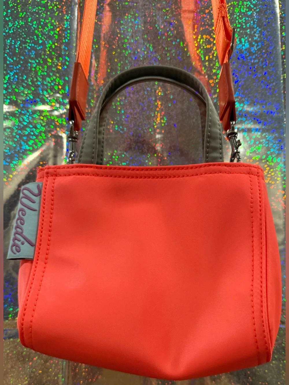Edie Parker Neon Coral Mini Tote Crossbody Bag Orange Blue Nylon